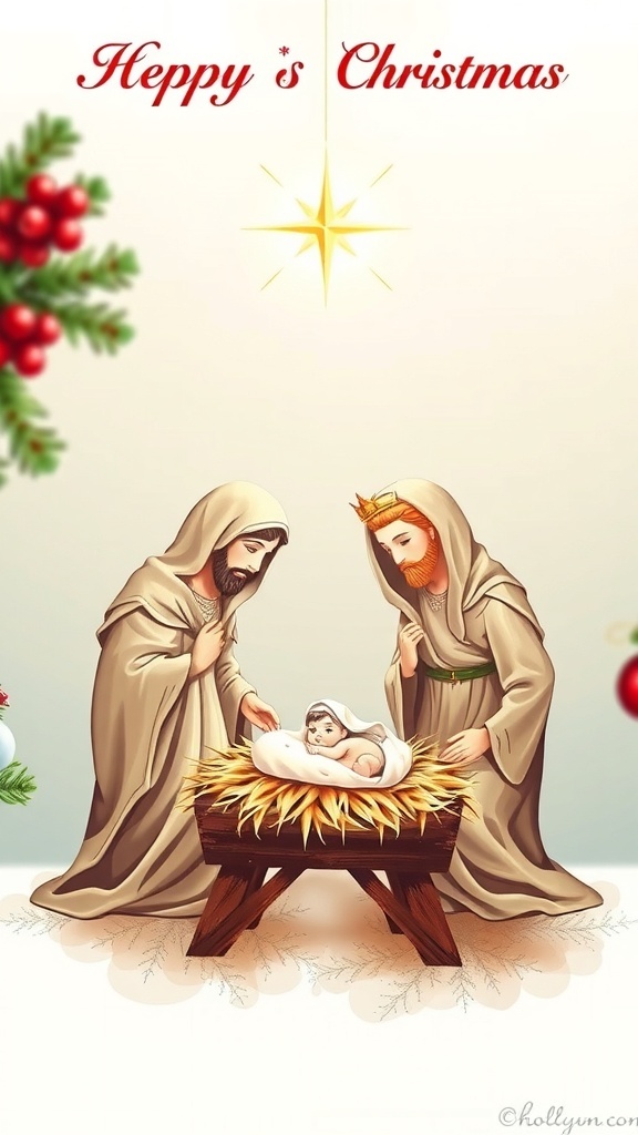 Creative Christmas Card Ideas Featuring Baby Jesus Christmas card with nativity scene featuring Baby Jesus in a manger, Mary and Joseph, and the star of Bethlehem.